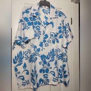 Hawaiian Shirt Turquoise Blue Floral Lay Flowers Hibiscus button up size XL